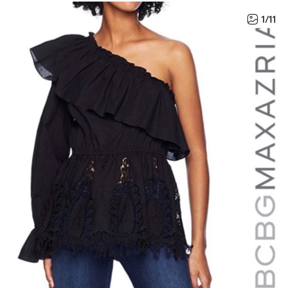 BCBGMaxAzria Black Ruffle Lace One-Shoulder Top